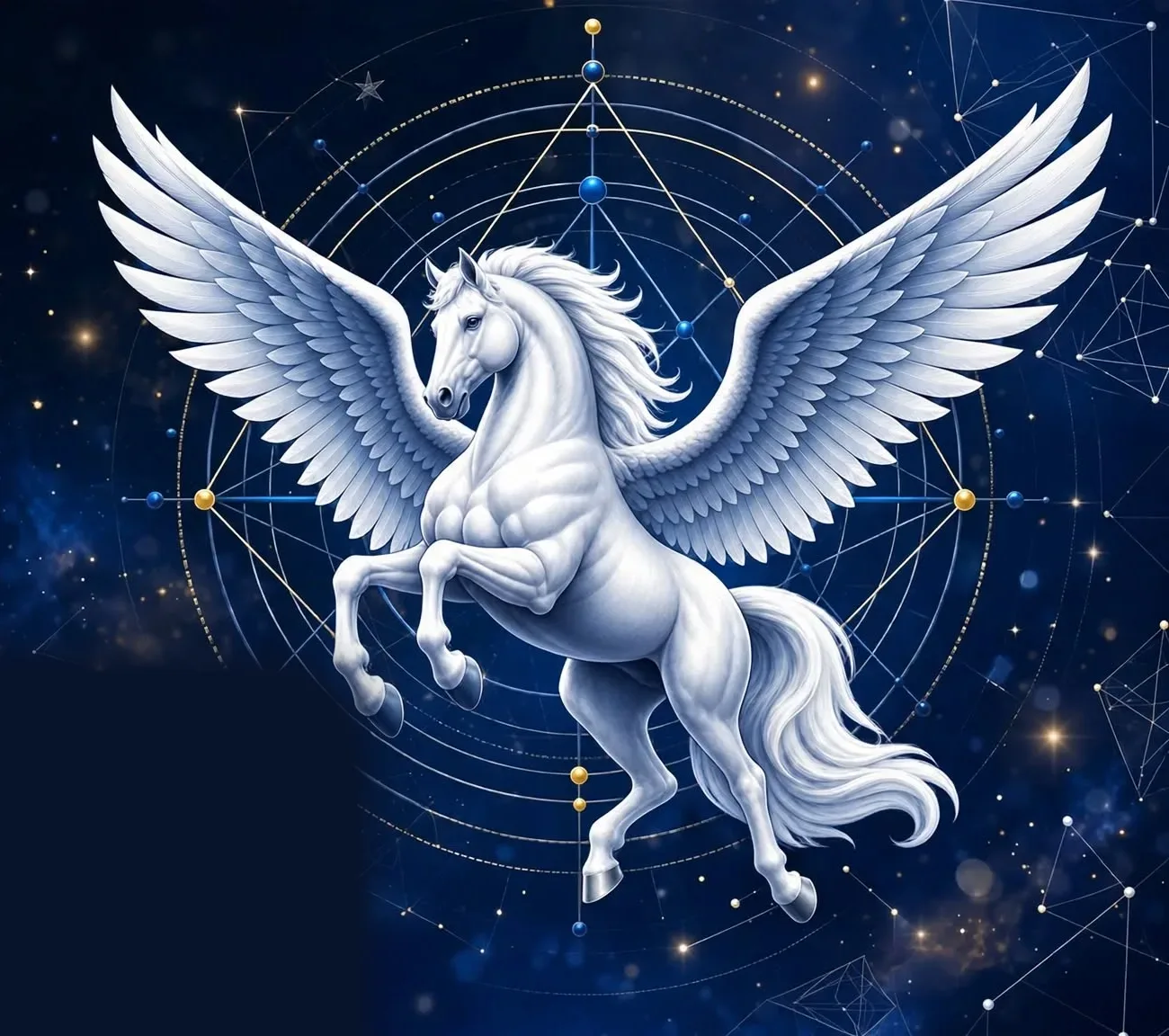 White winged Pegasus emerging through deep blue celestial geometry