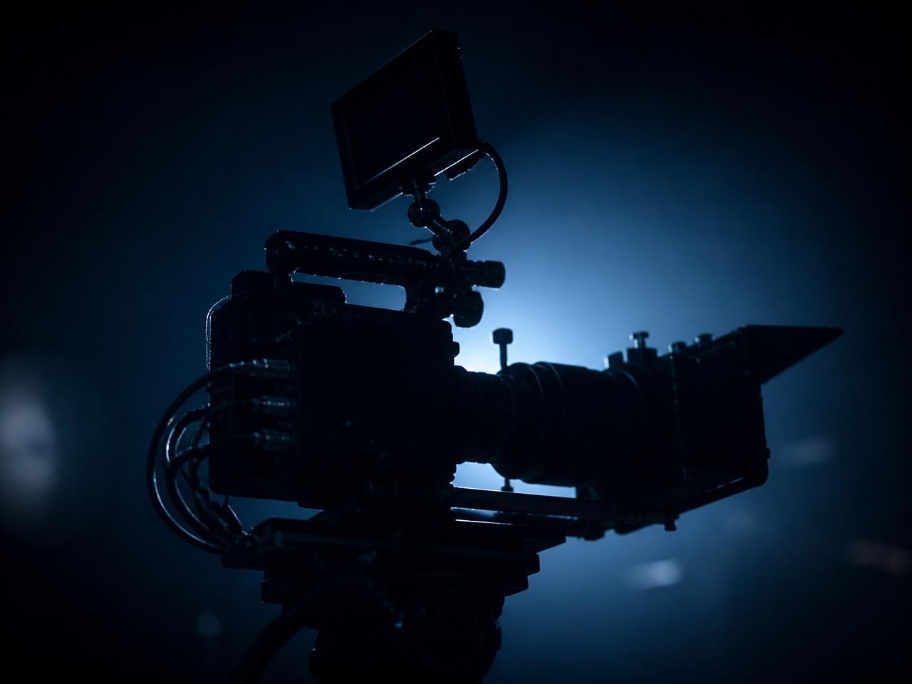 Cinema camera rig lit in cool blue light on a dark production set